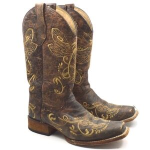 Circle G Womens Western Distressed Embroidered Dragonfly Cowgirl Boots Size 8